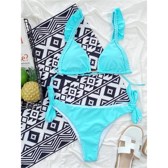 Ruffle Brazilian Bikini Set Swimsuit Light Blue Turquoise Braided - Picture 3 of 9